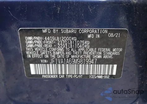 2021 Subaru Wrx z USA, uszkodzony, nr VIN JF1VA1A69M9819947